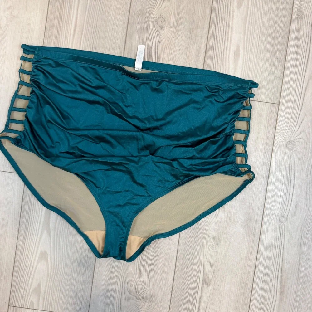 Swim by Cacique Teal Green Ruched High Waisted Caged Side Bikini Bottoms 32